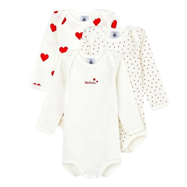 Bodies 3-pack White/Red Hearts - Petit Bateau