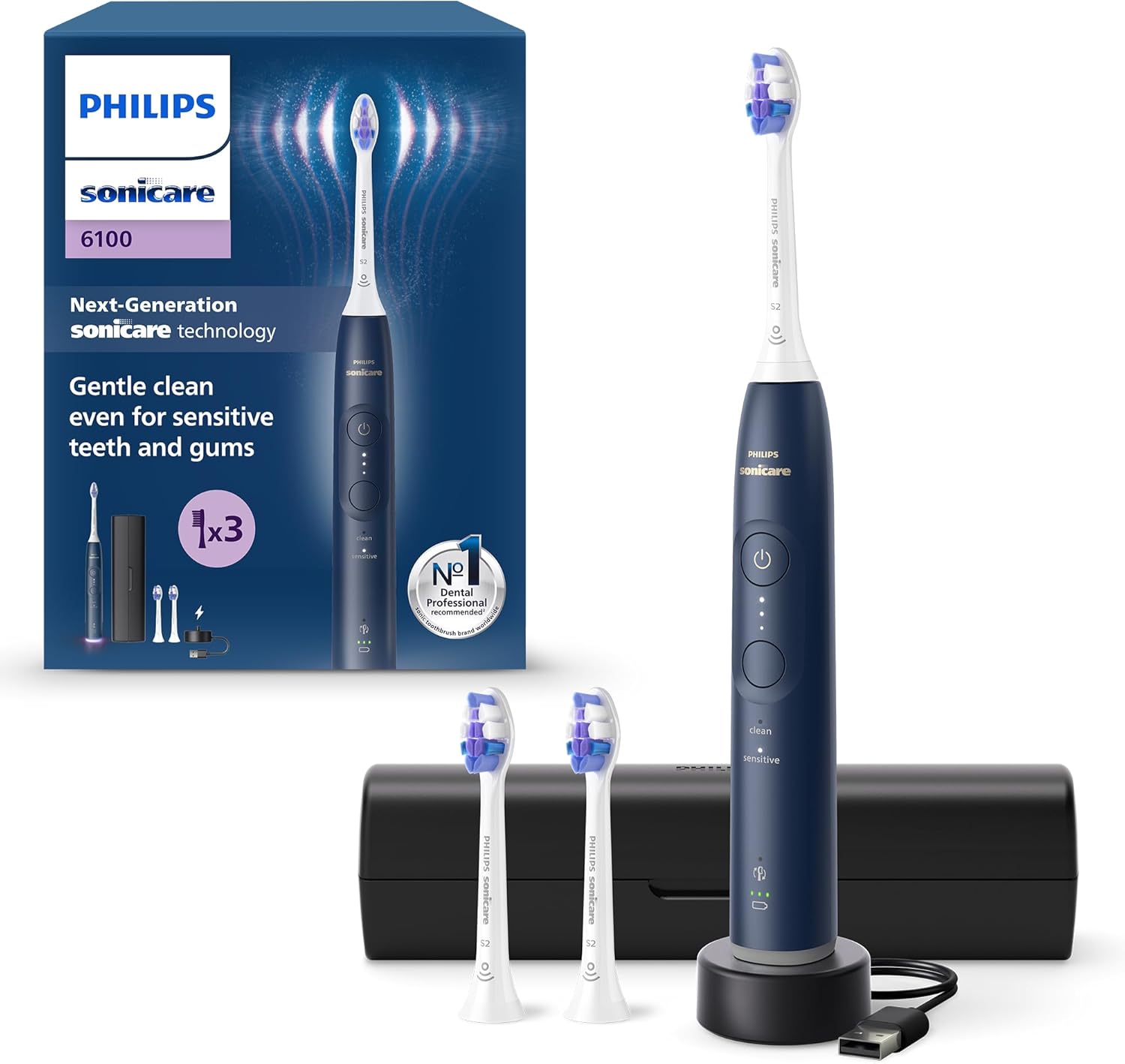 Philips Sonicare 6100 - Brosse à dents électrique sonique avec 2 modes de brossage, 3 niveaux d'intensité, Alerte de pression, EasyStart, Coffret de voyage, Blanc, HX7400/02 [Nouvelle technologie]