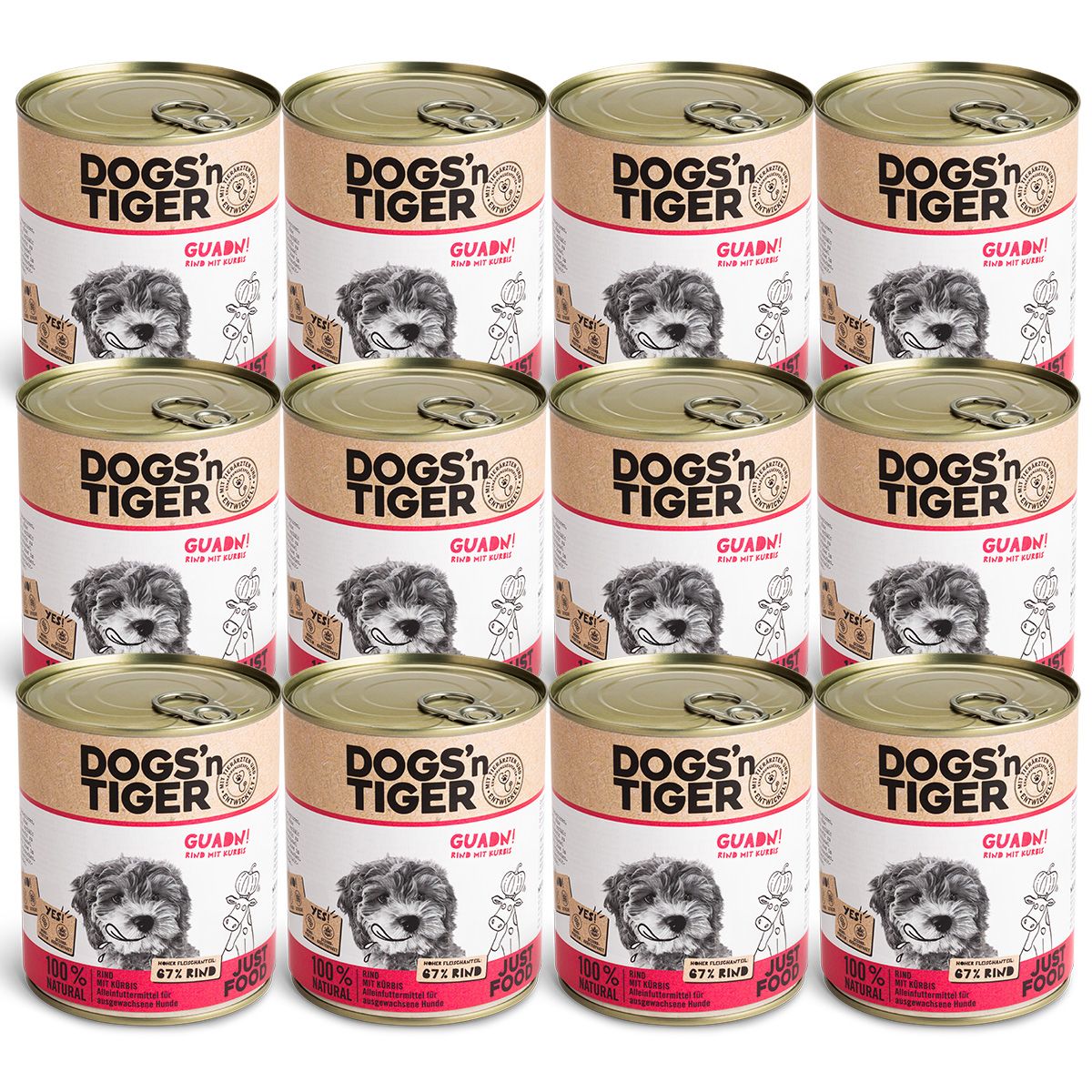 Dogs’n Tiger Adult Premium Hundefutter, Nassfutter, Getreidefrei, Guadn, Rind & Kürbis