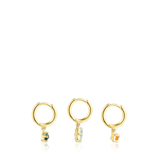 Conjunto de brincos TOUS Good Vibes com banho de ouro 18k sobre prata e pedras preciosas.