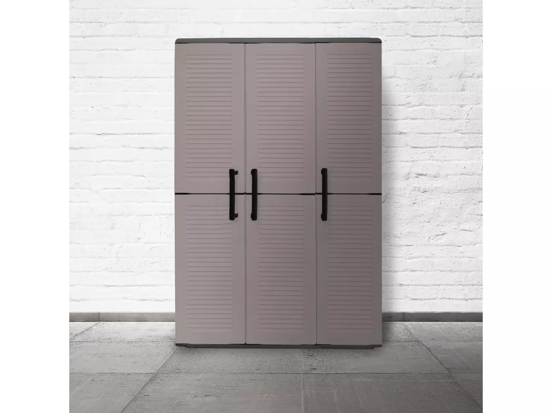 Armoire extérieure ou intérieure, 3 portes et 3 niveaux en polypropylène ajustables, 100% fabriqués en Itala, 102x37h163 cm, couleur grise