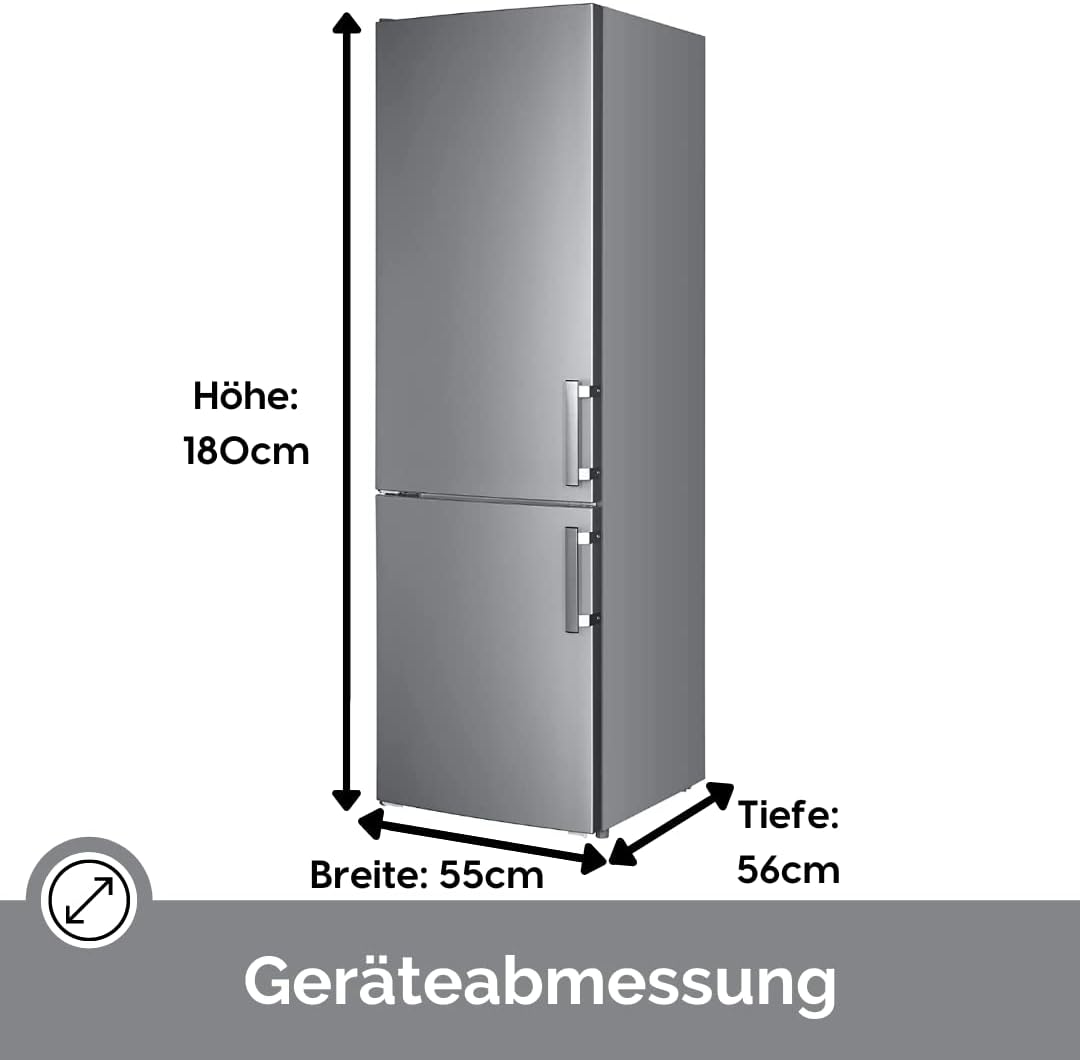 WOLKENSTEIN KGK280D Stand Kühl-Gefrierkombination | Inox Design | 180x55cm | 191L Kühlen+71L Gefrieren | Leiser Betrieb 40dB | Energieverbrauch 168kWh/Jahr | Silber