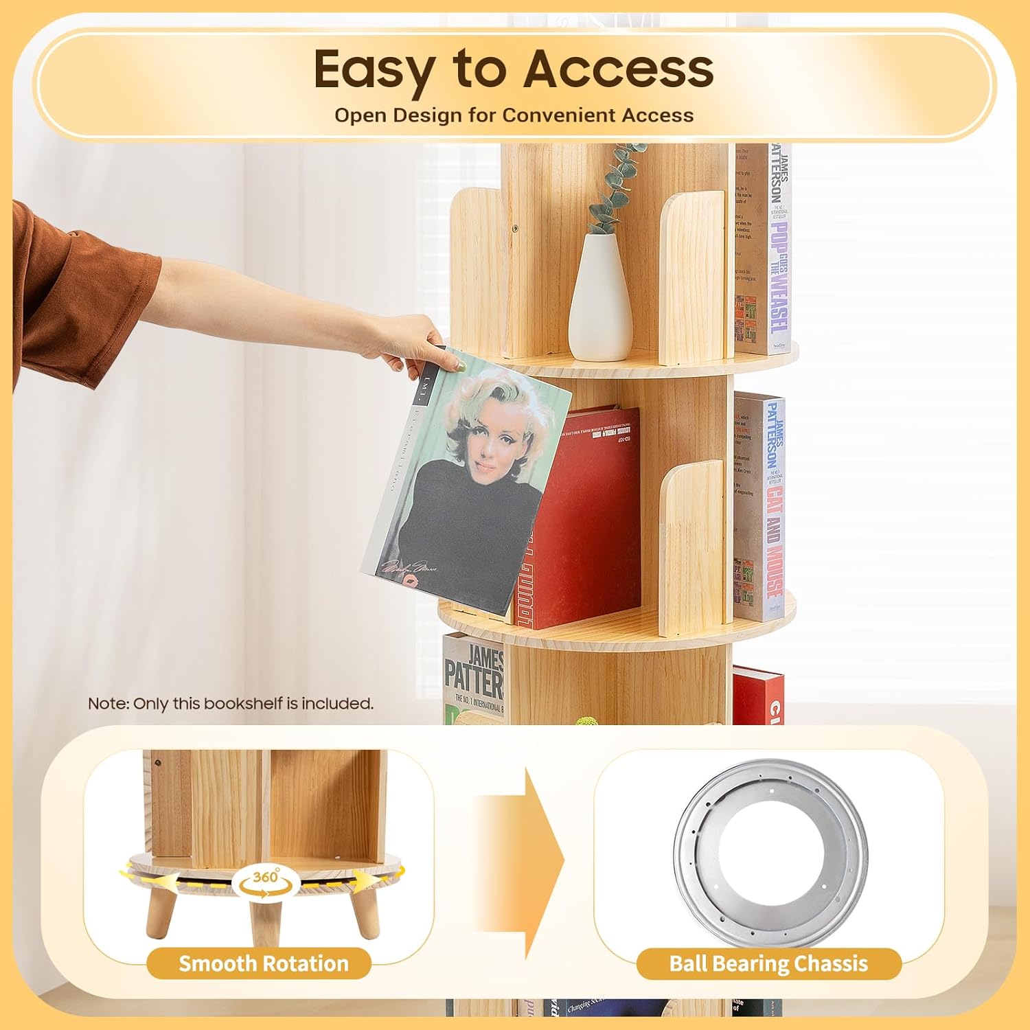 6 Ebenen Drehbares Bücherregal 360 ° Massivholz Bodenstehendes Bücherregal Multifunktional Standregal für Kinder und Erwachsene 50KG Tragkraft Pro Etage Holz Regal für Büchern, Fotorahmen