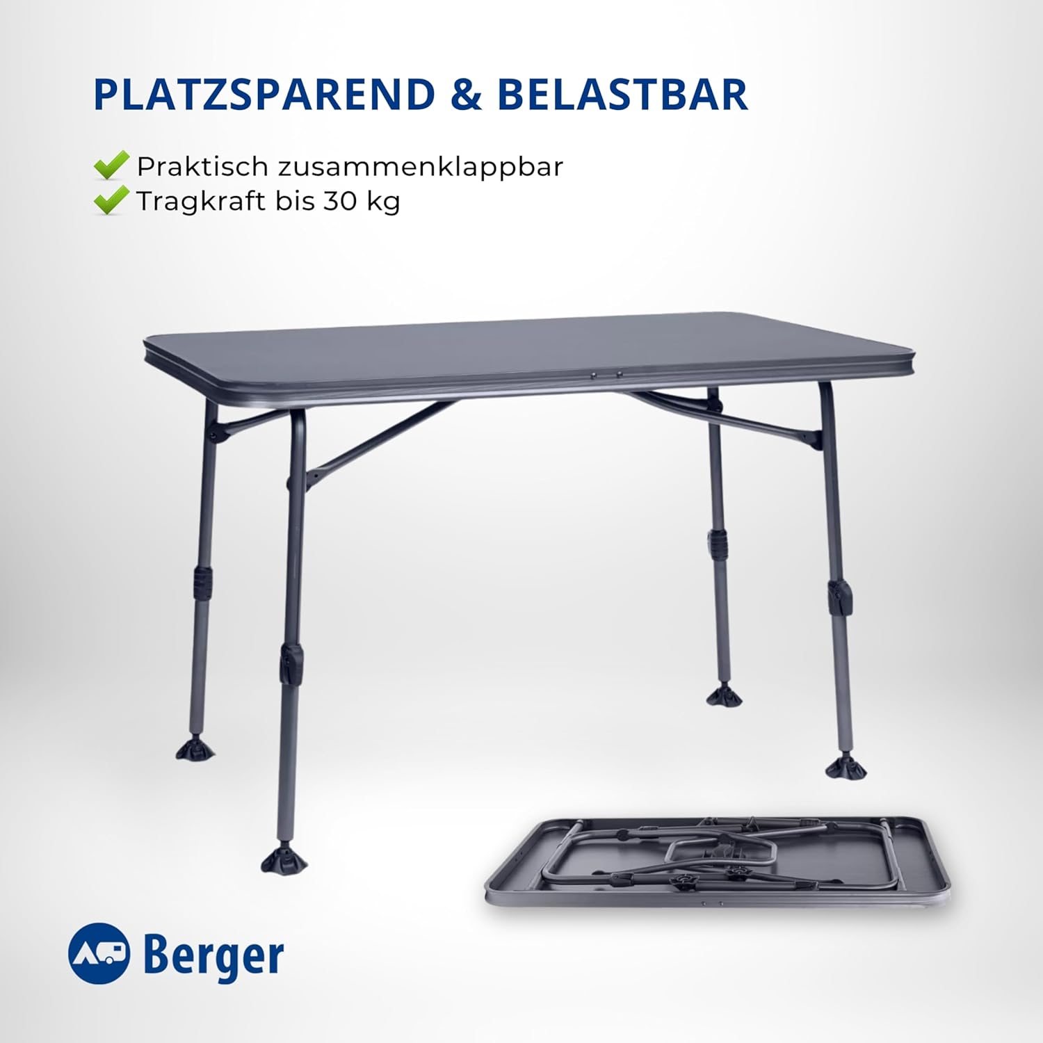 BERGER Molveno Campingtisch | Klapptisch Höhenverstellbar 115 x 70 cm Alu Campingtisch Klappbar Camping Tisch Gartentisch Klappbar | Falttisch Esstisch Balkon Klapptisch Garten Terrasse