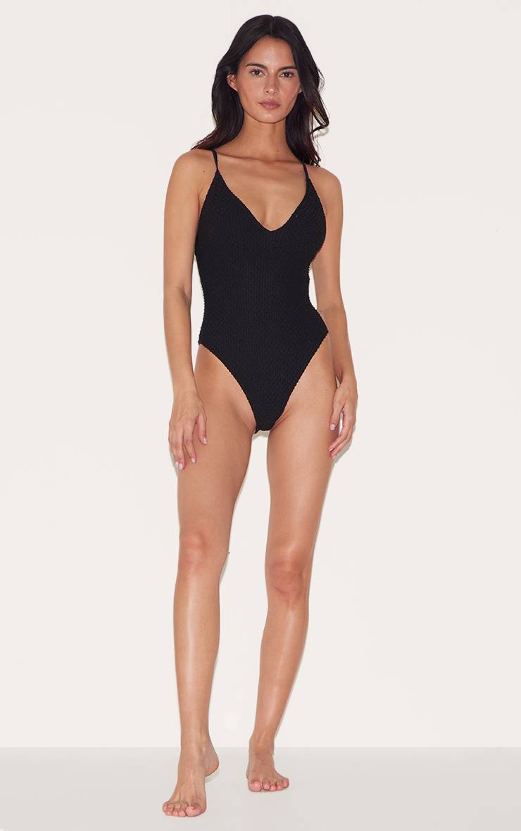 Noir Maillot De Bain Échancré Texturé