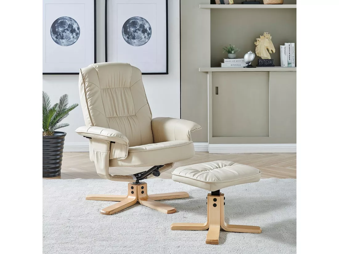 Fauteuil de relaxation CHARLY avec repose-pieds pouf siège pivotant dossier inclinable assise rembourrée relax, en synthétique beige