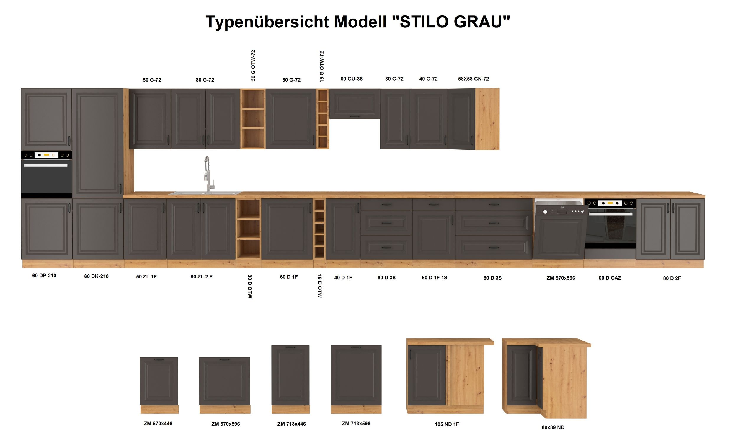 Hängeschrank 50 cm Stilo Grau + Eiche Artisan Küchenzeile Küchenblock Küche
