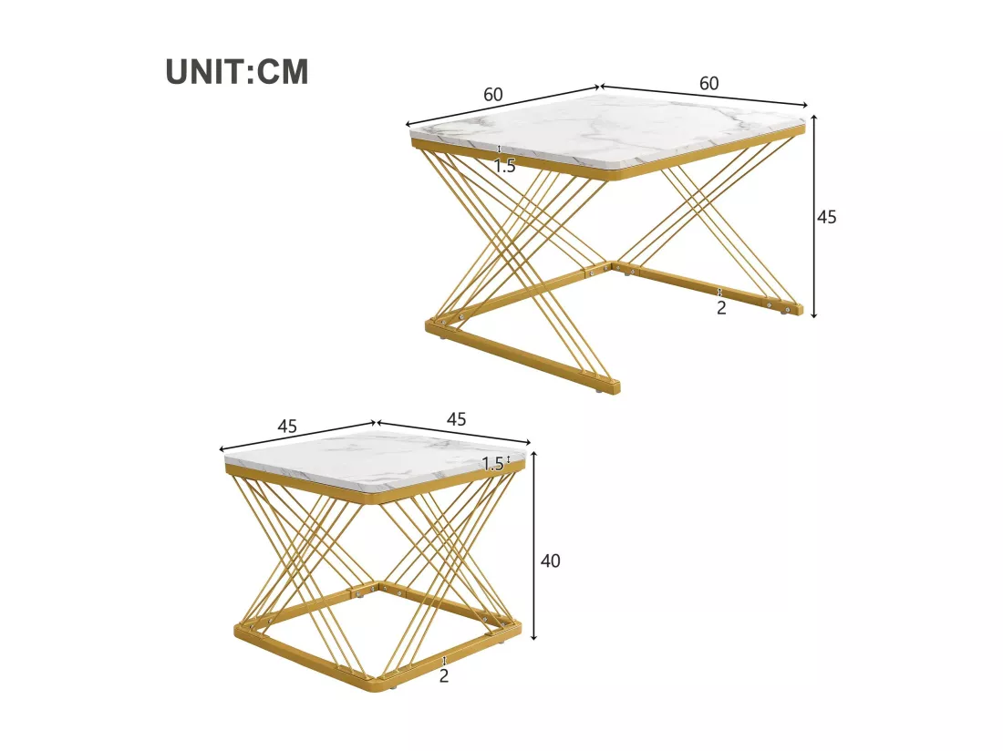 Lot de 2 tables gigognes - plateau à motif de marbre - Blanc & Doré
