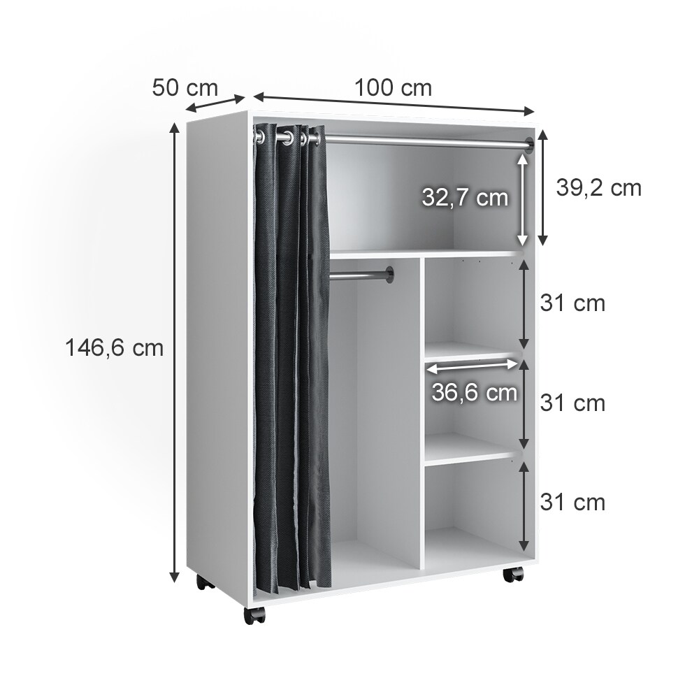 Vicco mobiler Kinderkleiderschrank Dielenschrank Garderobe Doros Weiß modern 100 x 147 cm offen rollbar