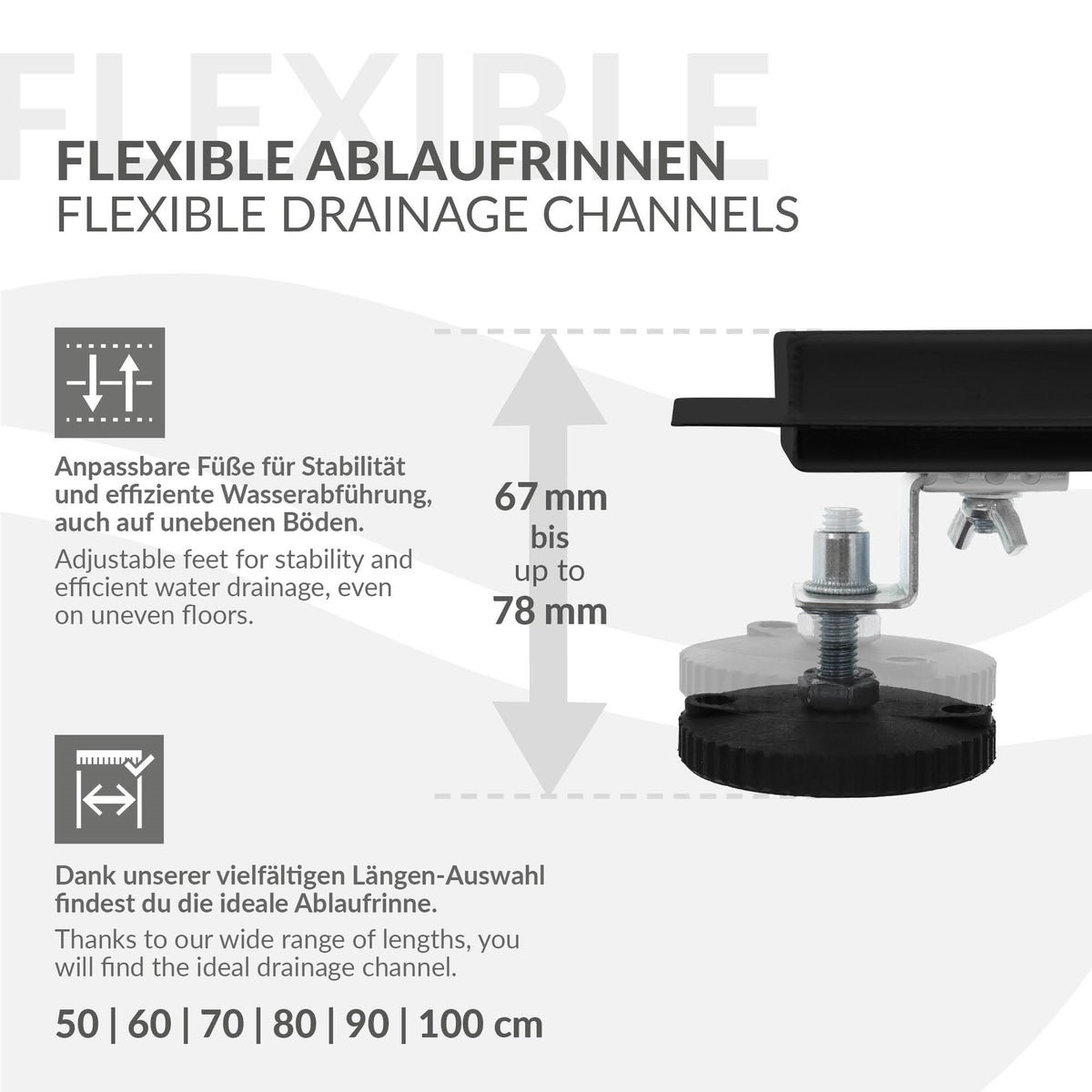 LuxeBath Doucheafvoer 60 cm 2-in-1, betegelbaar, extra vlak, RVS, zwart, dubbelzijdige vloerafvoer, complete vloerinbouwset, doucheafvoer, sifon met stankafsluiter, haarzeef, douchegoot