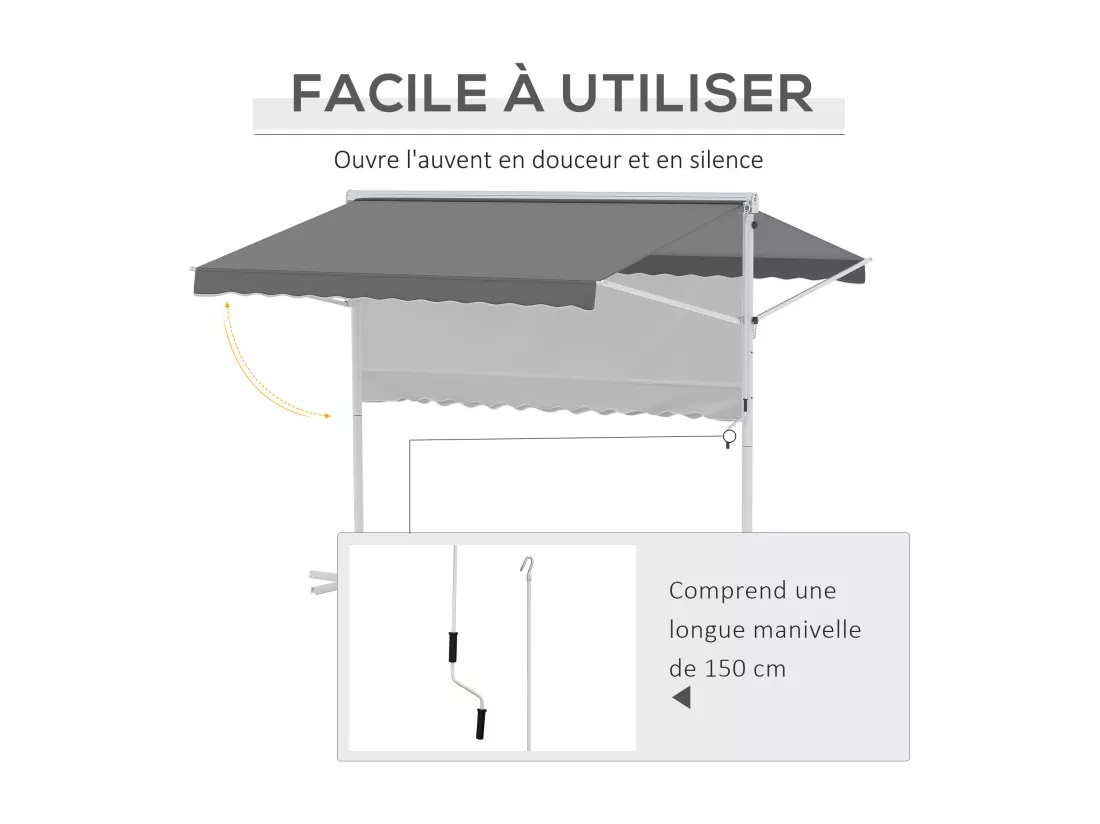 Store double pente manuel rétractable inclinaison réglable acier époxy blanc polyester imperméabilisé anti-UV gris dim. 3L x 2,95l x 2,6H m