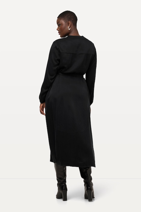 Cupro-Midikleid, Stehkragen, V-Ausschnitt, Langarm