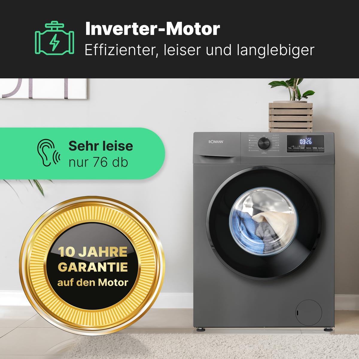 Bomann Machine à laver | 7kg | max 1400 tours | Garantie moteur 10 ans | Moteur inverter efficace, silencieux et durable | 15 programmes | Présélection du temps de fin | Affichage LED | Machine à