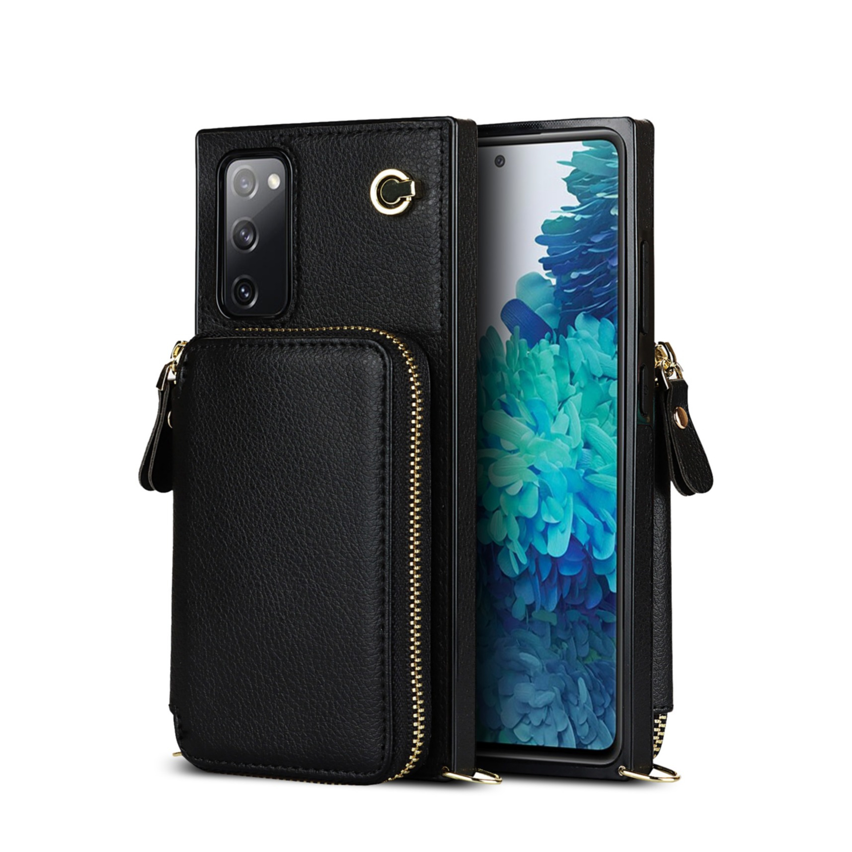 Samsung Galaxy S20 FE / S20 FE 5G Necklace Leder Schutz Hülle mit Kartenfächer   Handykette (140cm) - Schwarz