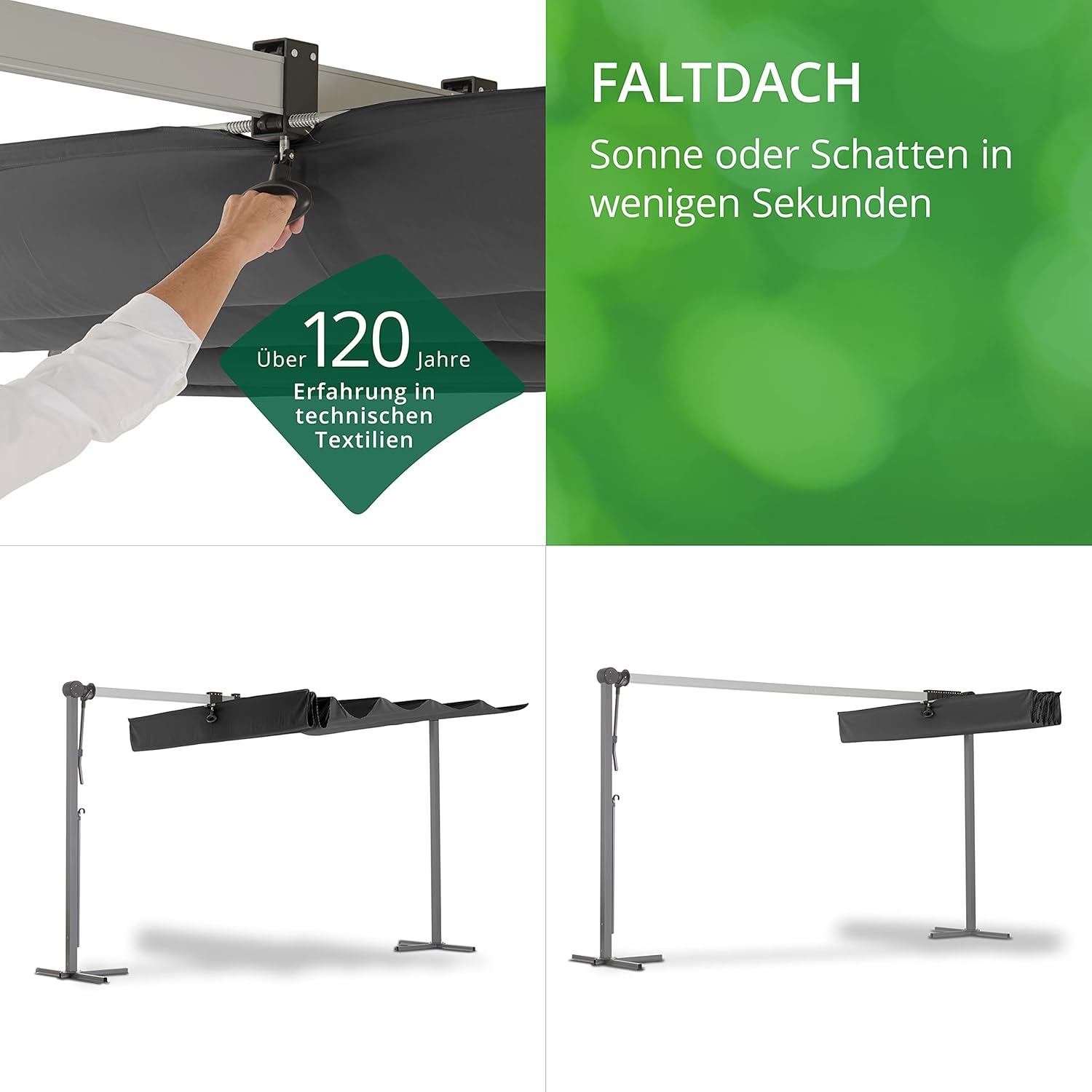 LECO-Standarte Waved – faltbares Sonnendach, 4 x 2,5 m Aluminium-Terrassenüberdachung inkl. Schutzhülle – Anthrazit