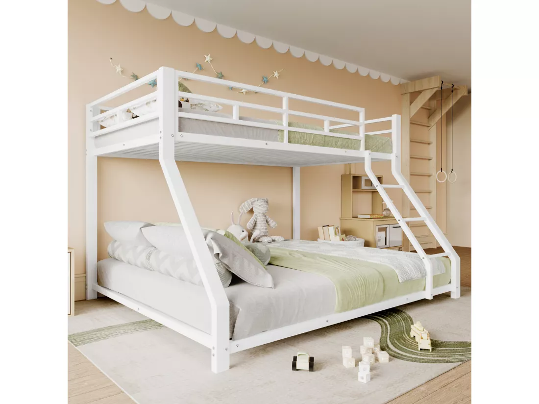 Lit superposé 90x200 + 140x200 cm - avec barrières - avec échelle de sécurité - métal - blanc (sans matelas)