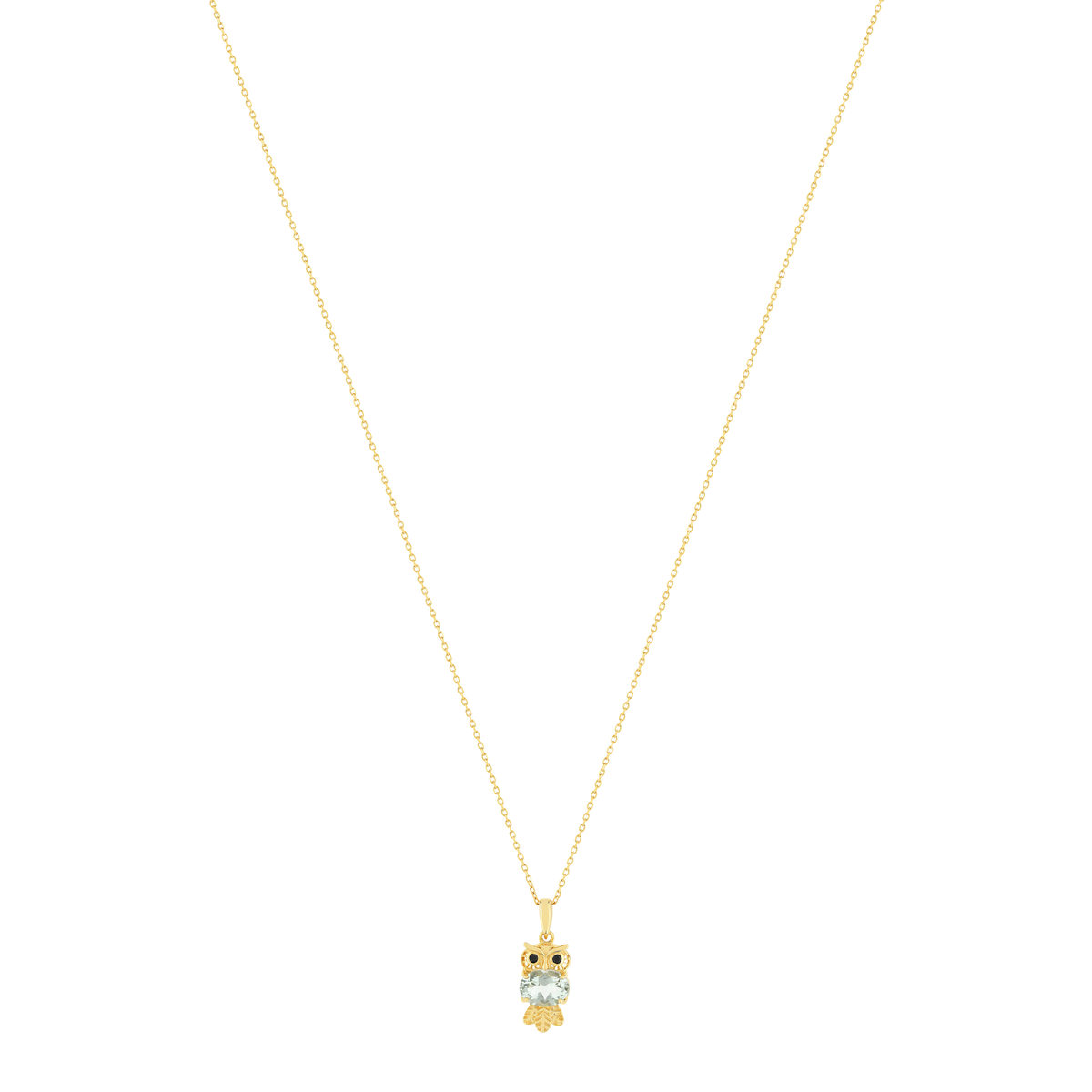 Collier or jaune 375, motif hibou, quartz vert, onyx.
