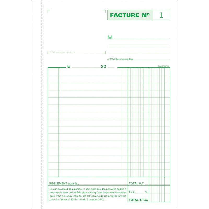 Cahier de facture avec tva Manifold Exacompta autocopiant 21 x 14,8 cm 50 pages triple exemplaires 3279E