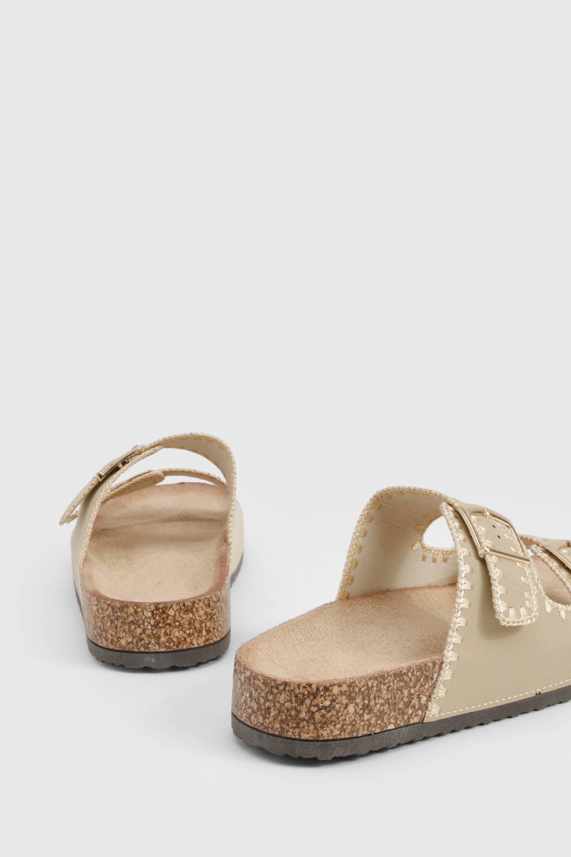 boohoo Contrast Stitch Detail Double Buckle Sliders