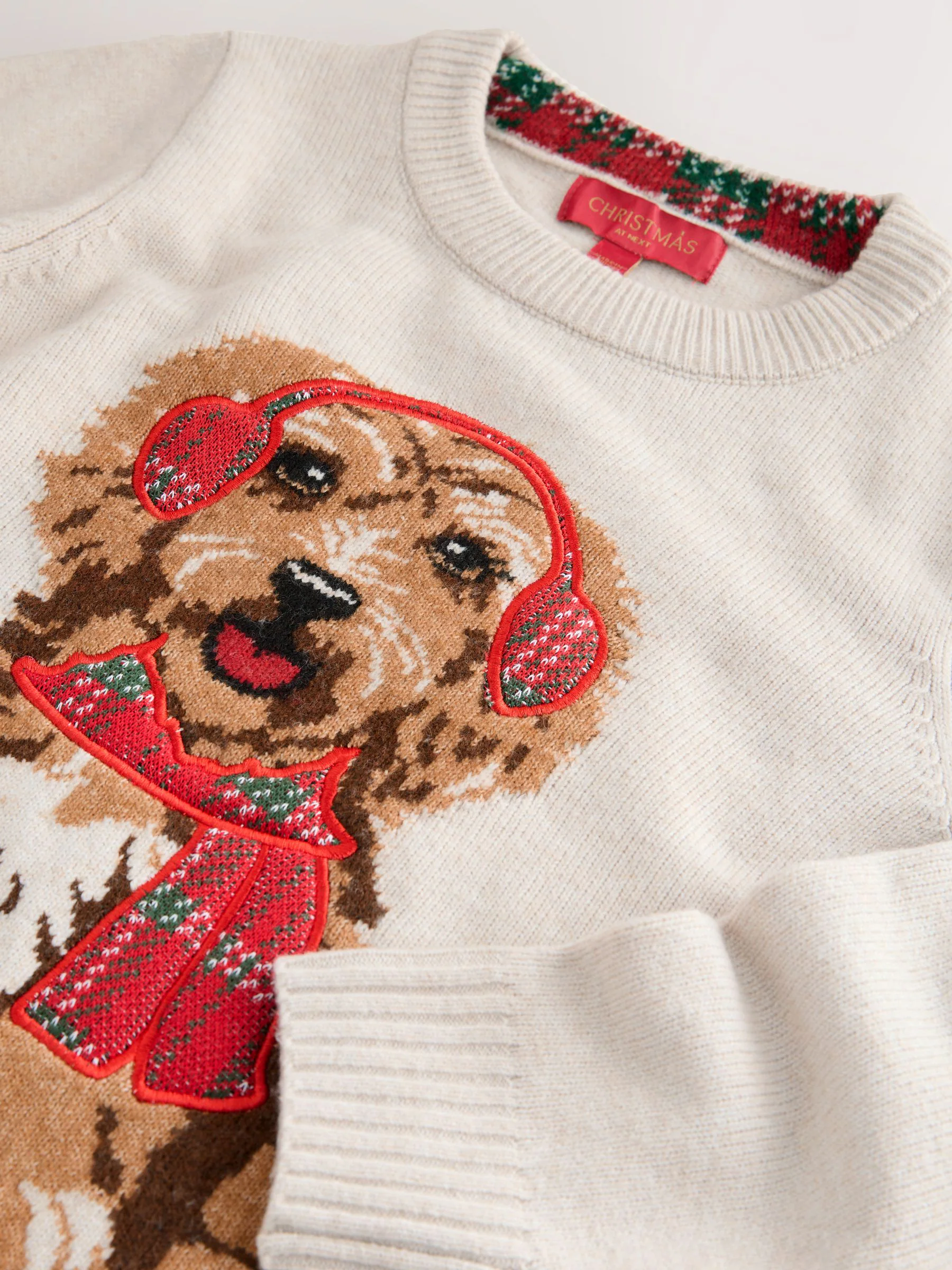 Crème ruitmotief hondengrafiek - Matching Family kersttrui