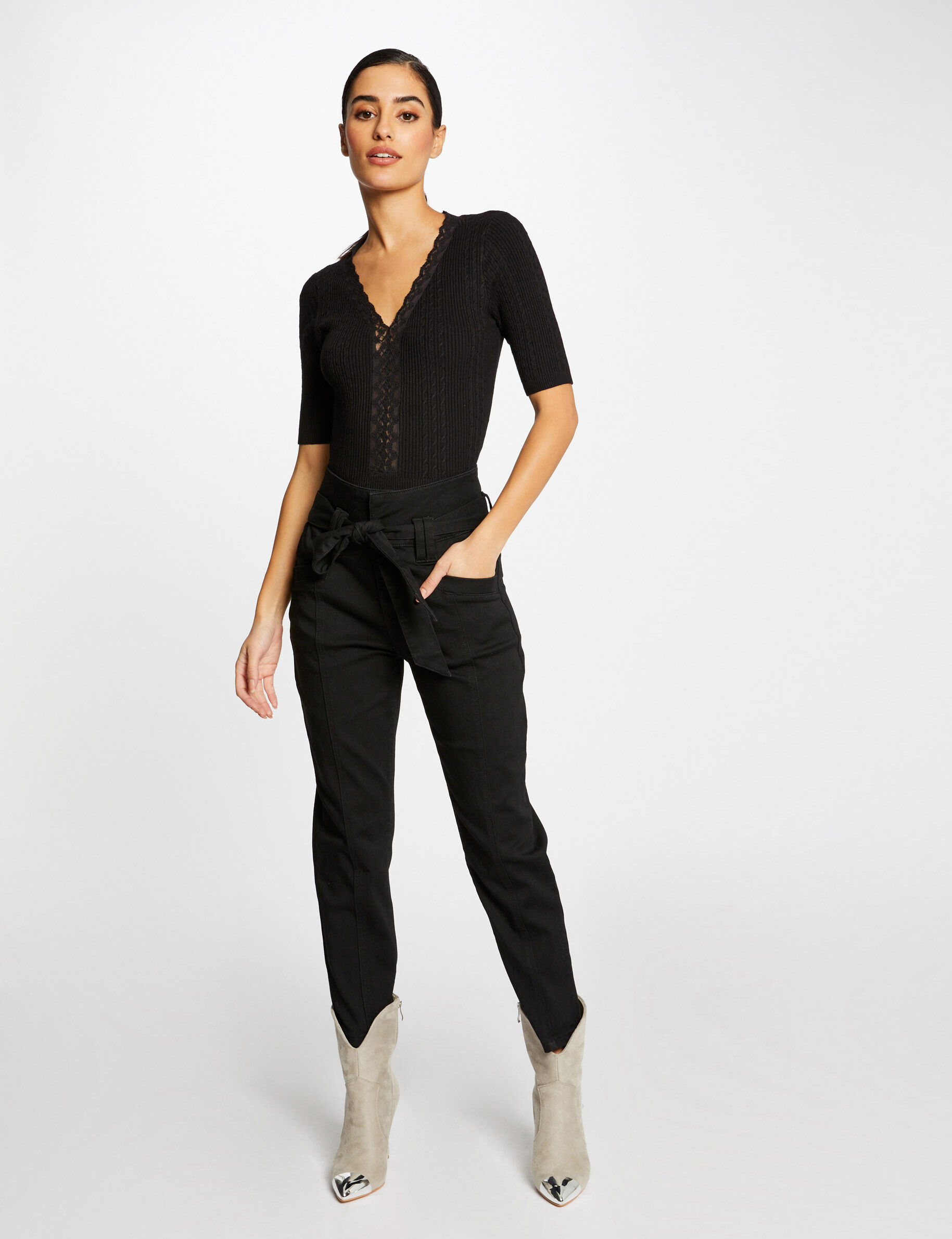 Pull manches courtes avec col en V noir femme - noir