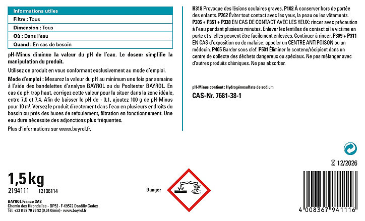 Traitement pour piscine PH Minus Bayrol 1,5kg