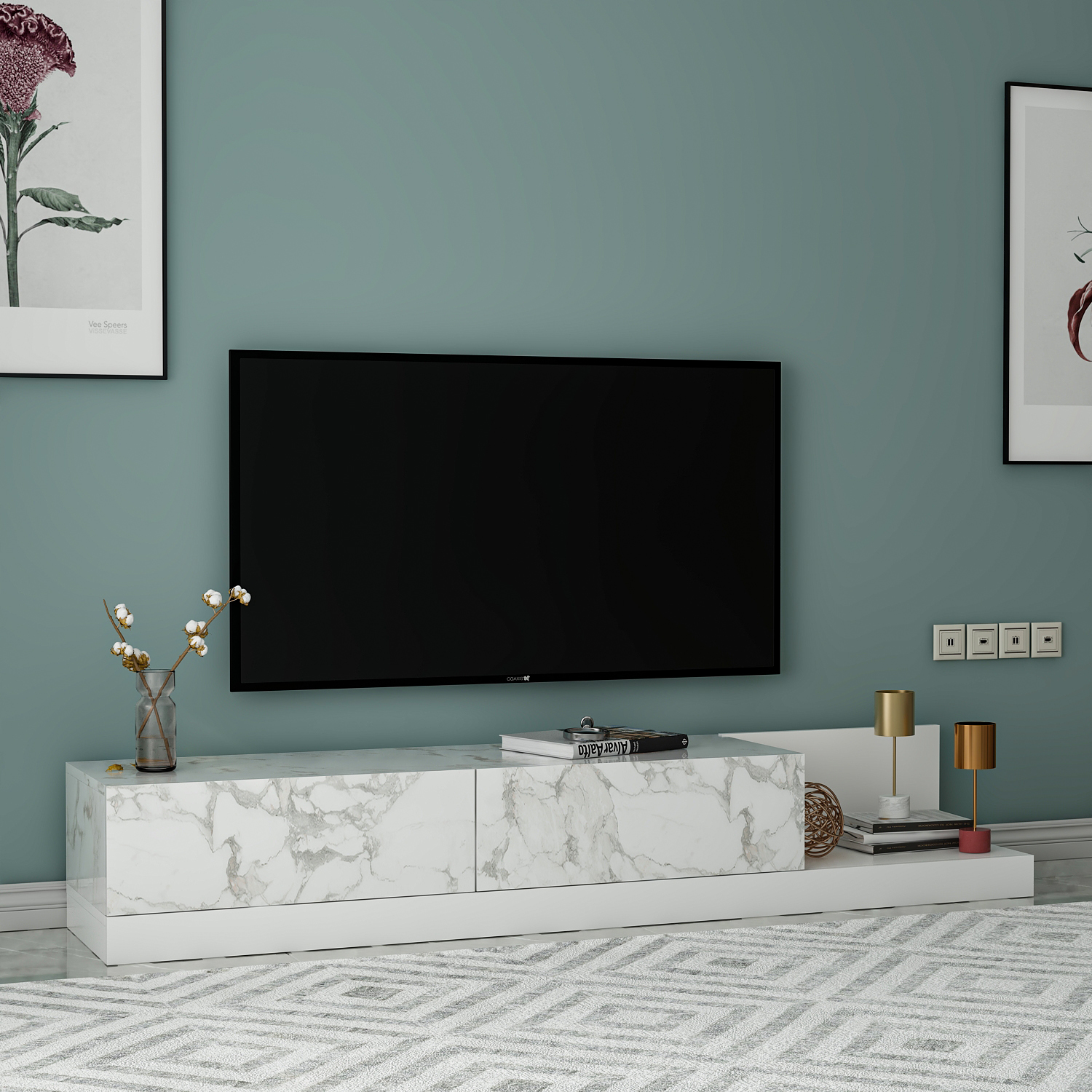 TV-Lowboard - weiß - Marmoroptik - 180 cm