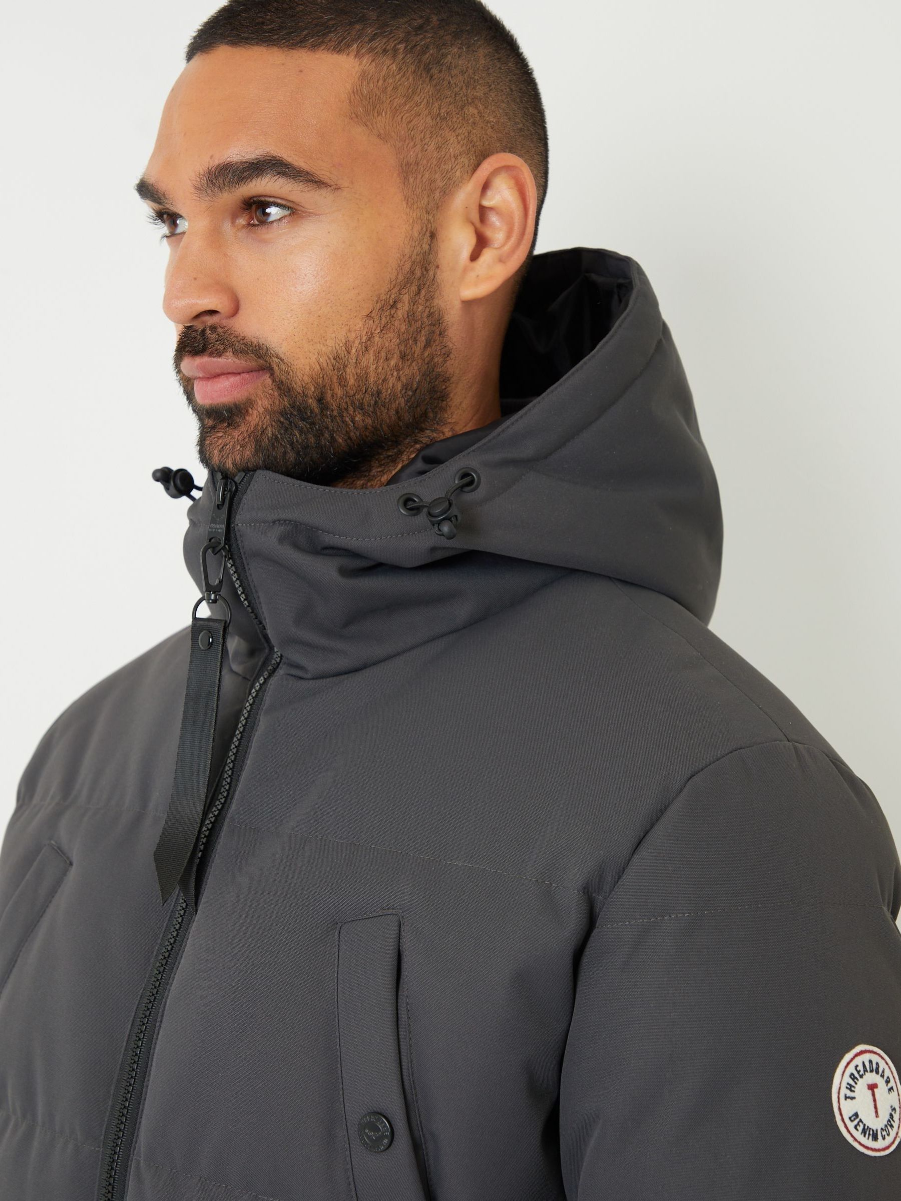 Grijs - Threadbare regenbestendig lang gewatteerd jack met capuchon