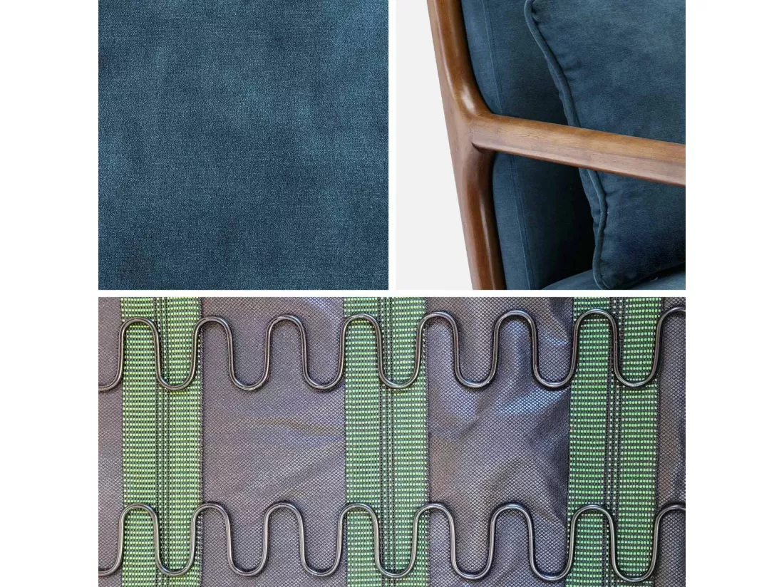 Fauteuil en velours bleu pétrole. pieds bois d'hévéa teinté noyer clair. 1 place droit fixe. pieds compas scandinave