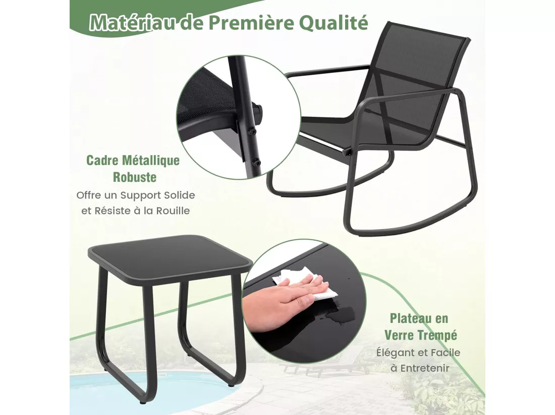 Salon de Jardin 3 Pièces avec Chaises à Bascule Table en Verre, Ensemble de Meuble Extérieur 2 Fauteuils Cadre Métallique Charge 150KG, pour Porche Bord de Piscine Balcon