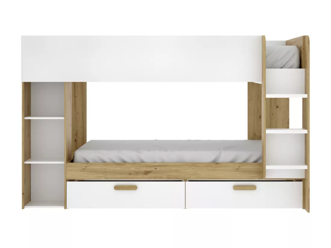 Lits superposés 2 x 90 x 200 cm avec rangements et penderie - Blanc et naturel + Matelas - OZANA