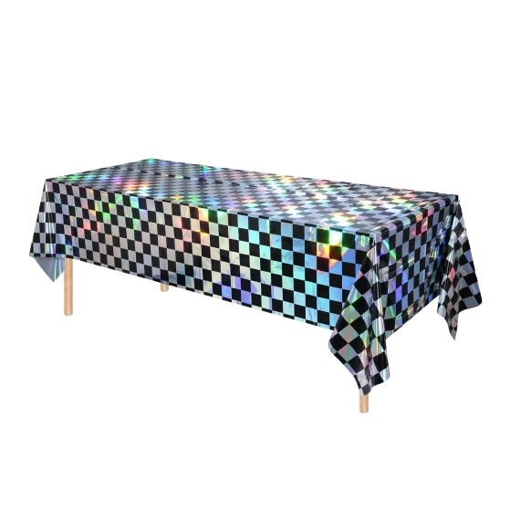 (3er Set) 183x137cm Metallic Deko Folien Tischdecke Party Dekoration Tisch Tuch Kariertes Design - Silber / Schwarz