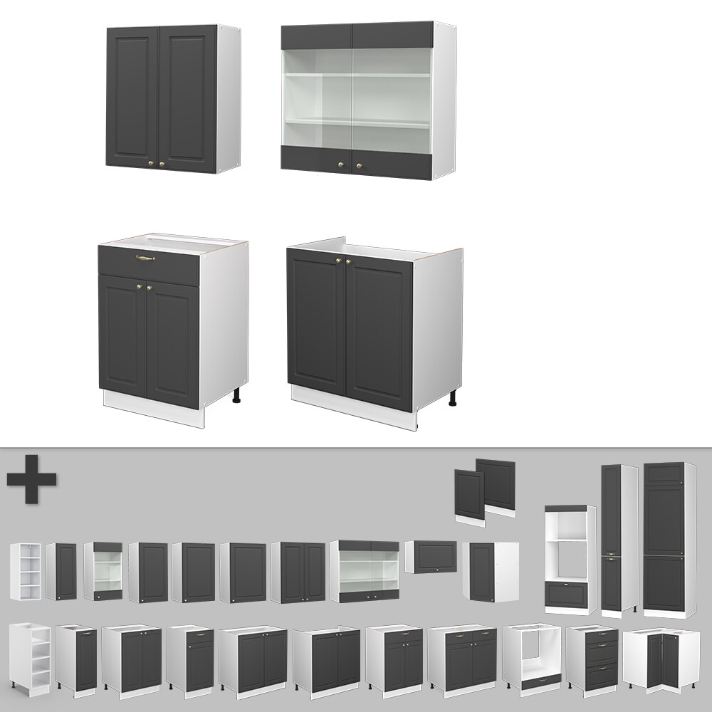 Vicco Küchenzeile Küchenblock Einbauküche Fame-Line Single Landhaus Weiß Anthrazit Gold 140 cm modern Küchen Schränke Spülenunterschrank Schubunterschrank Hängeschrank Hängeglasschrank