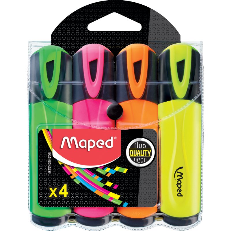 Surligneur maped fluo'peps fluorescent classique pochette 4 unités vert jaune rose orange