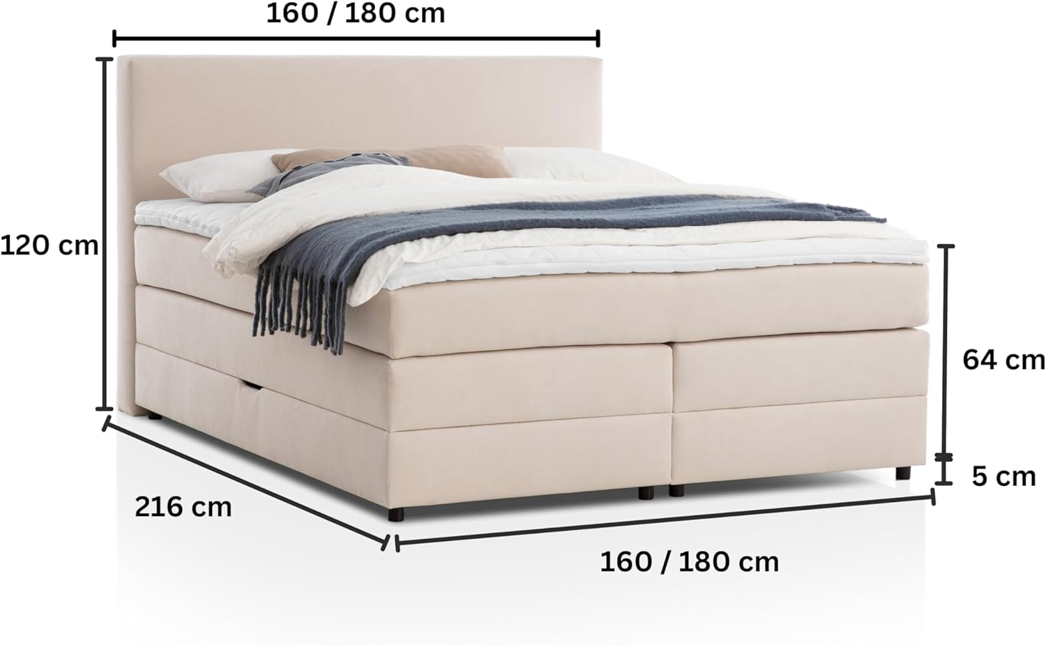 Belanoti Loft Boxspringbett 160x200 mit Bettkasten 7-Zonen Taschenfederkern Matratze inklusive Visco Topper Bett 160x200 in der Farbe Beige H2 und H3 Polsterbett mit Stauraum