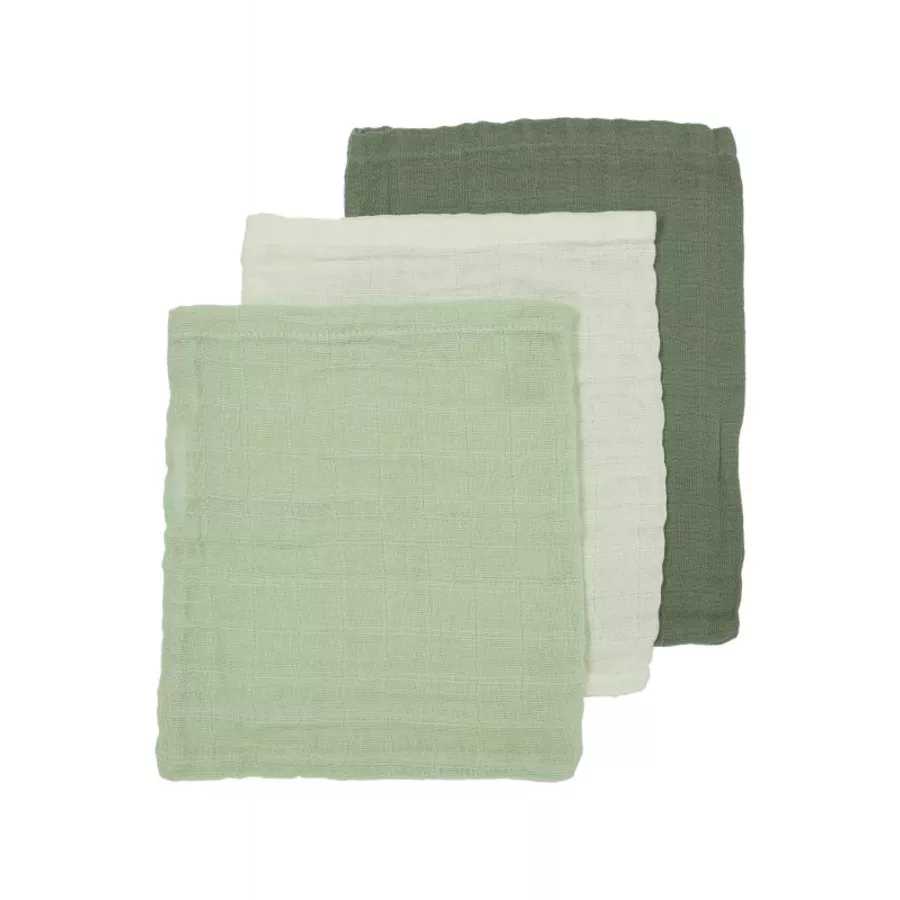 MEYCO Musselin Waschhandschuhe 3er-Pack Uni OffwhiteSoft GreenForest Green