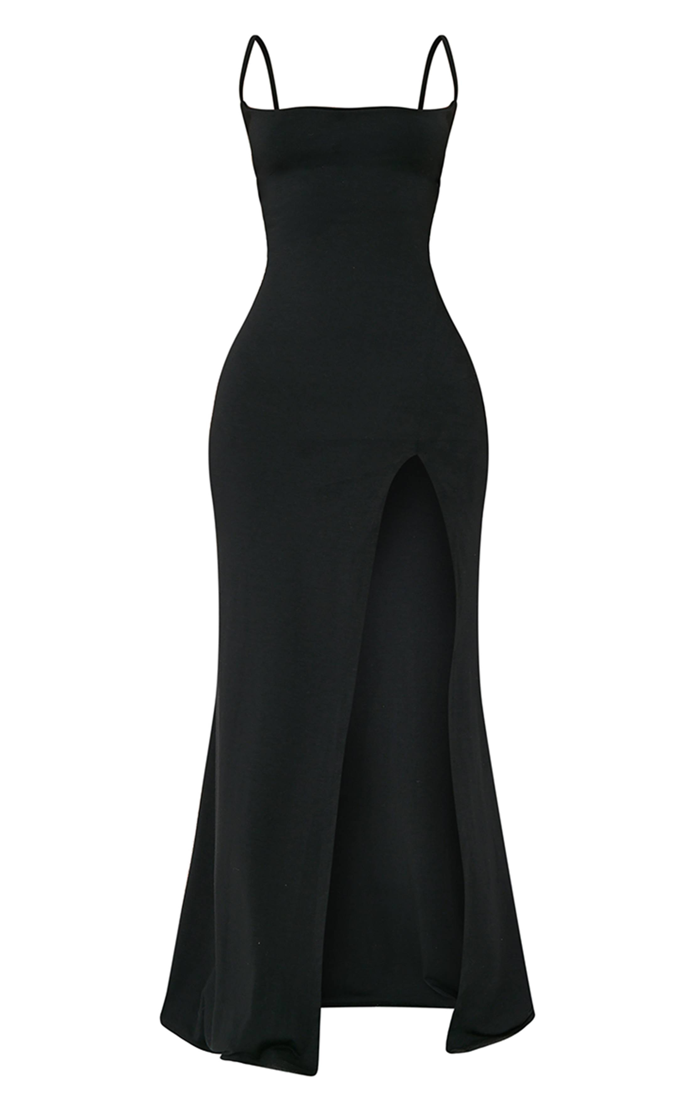 Noir Robe Longue Moulante Petite Taille En Jersey À Col Bénitier Et Fente