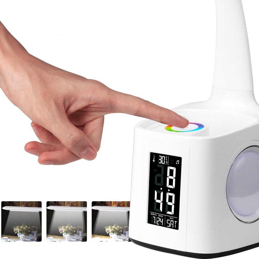 (10W) 6in1 LED Schreibtisch Lampe Dimmbare Tischleuchte mit Stift Halter / Kalender / USB Anschluss - Weiss