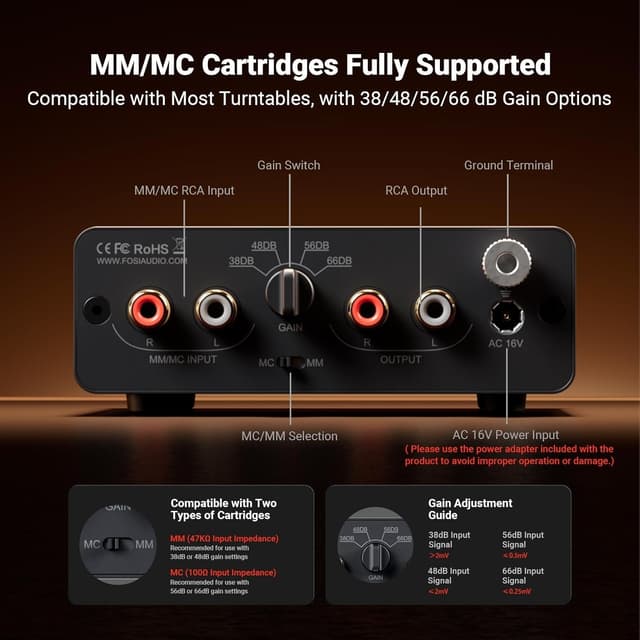 Fosi Audio Box X5 Mini Forforstærker Hjemmeaudio til MM & MC Pickups, Aktive Højttalere, 4-niveau Justerbar Gain 38/48/56/66 dB med RCA