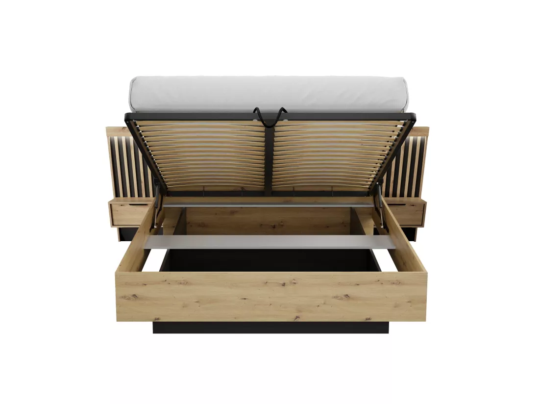 Lit coffre avec chevets 160 x 200 cm - Avec LEDs - Coloris : Naturel et noir + Matelas - ARIADA
