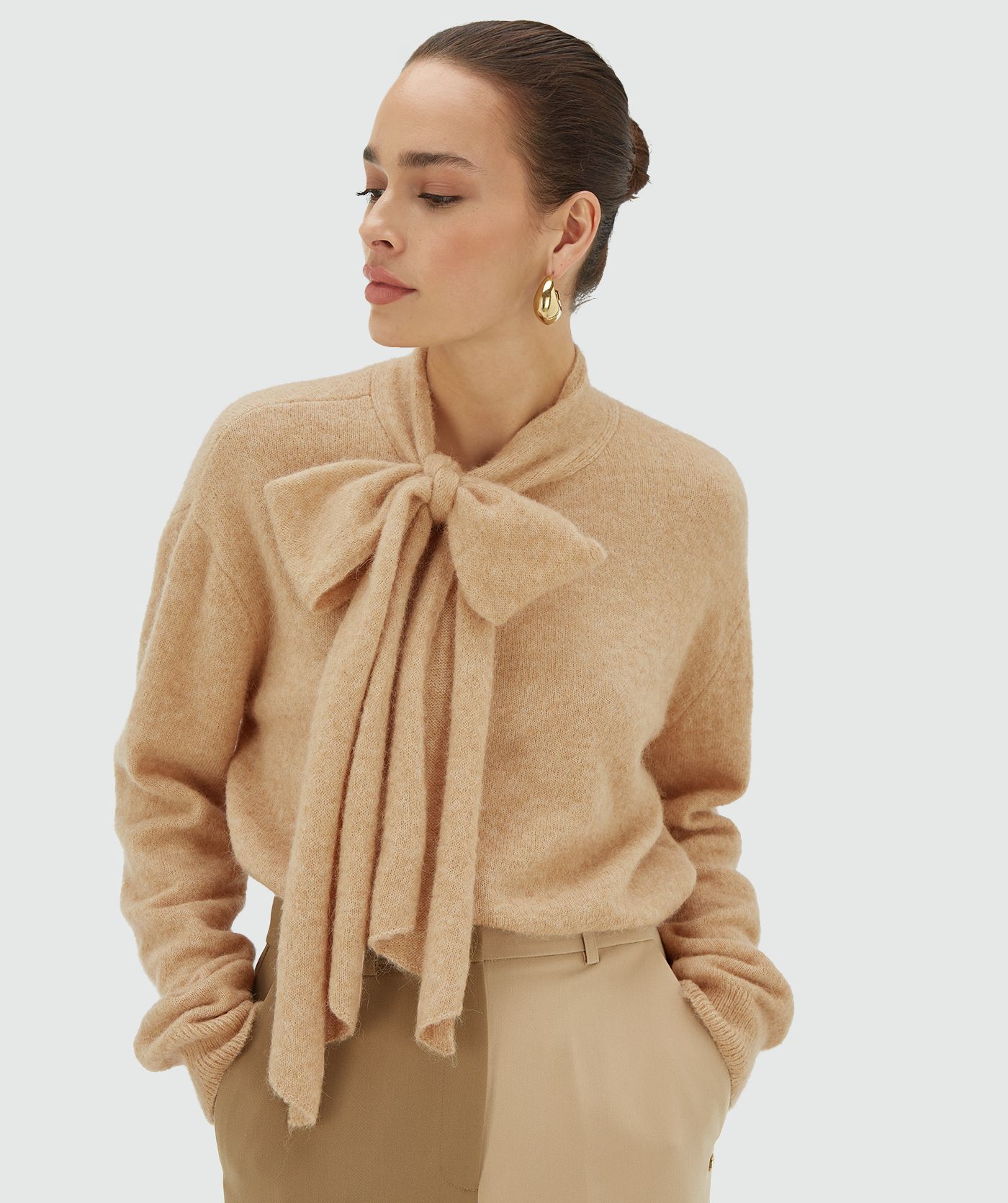 JV-PEMMA regular fit trui met merinowol - light brown melange