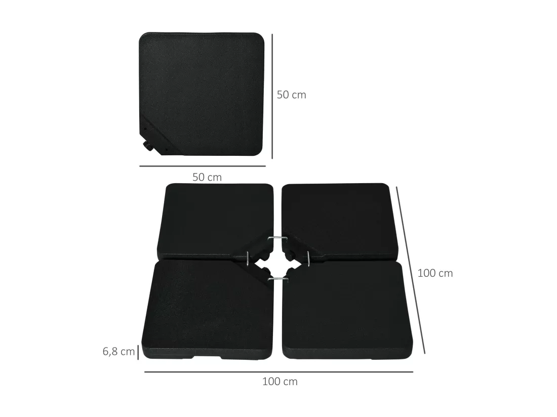 Pied de parasol lot de 4 dalles pour parasol à lester dim. tot. 100L x 100l x 6,8H cm HDPE surface granuleuse noir