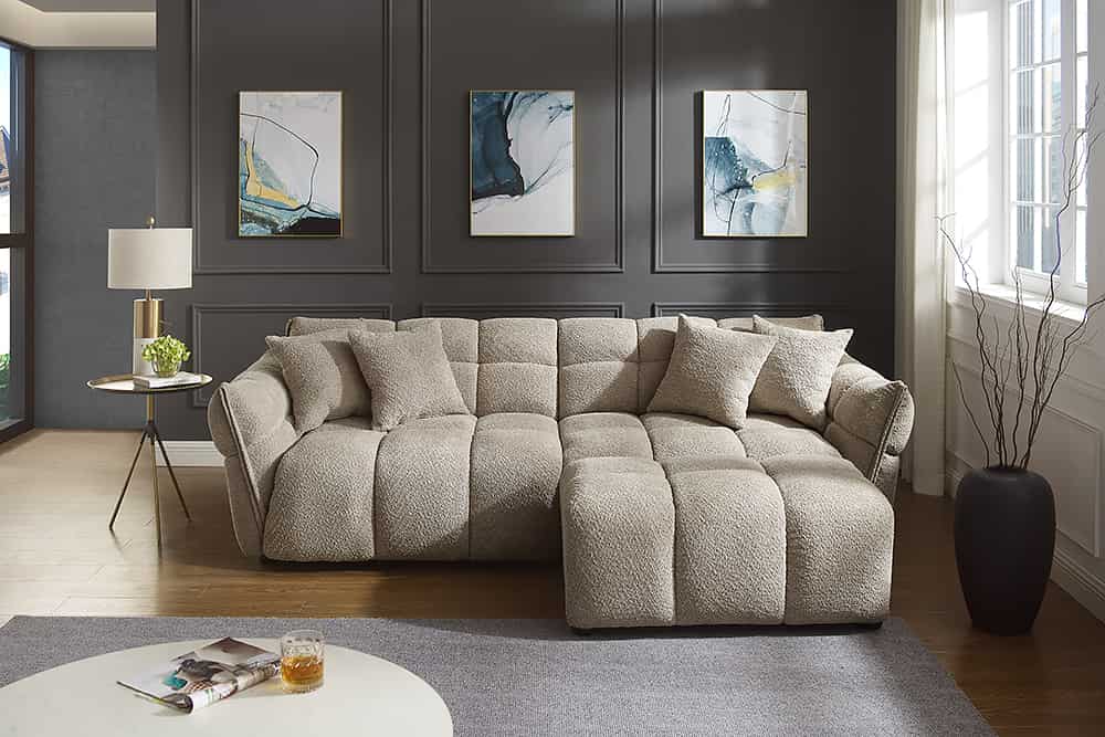 Modernes XXL Sofa CLOUD 260cm champagner greige Bouclé Bigsofa Federkern inkl. Kissen