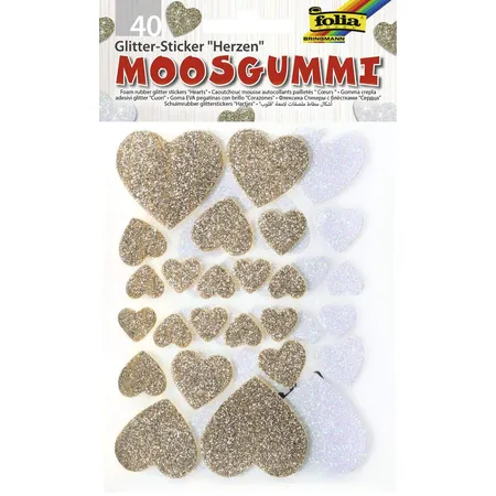 Folia Moosgummi Glitter Sticker, Herzen, weiß und gold sortiert in verschiedenen Größen, 40 Stück