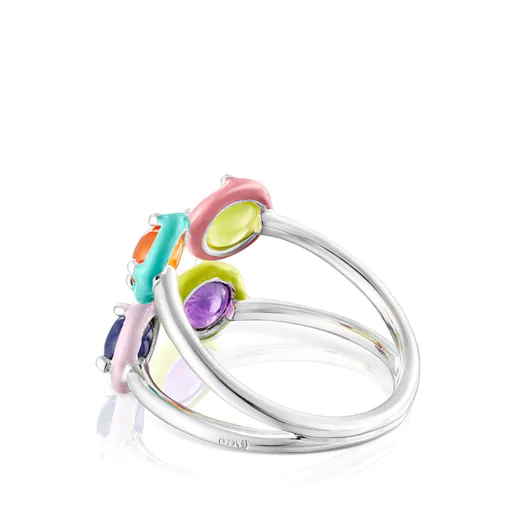 Anel TOUS Vibrant Colors em prata com quatro gemas e esmalte.