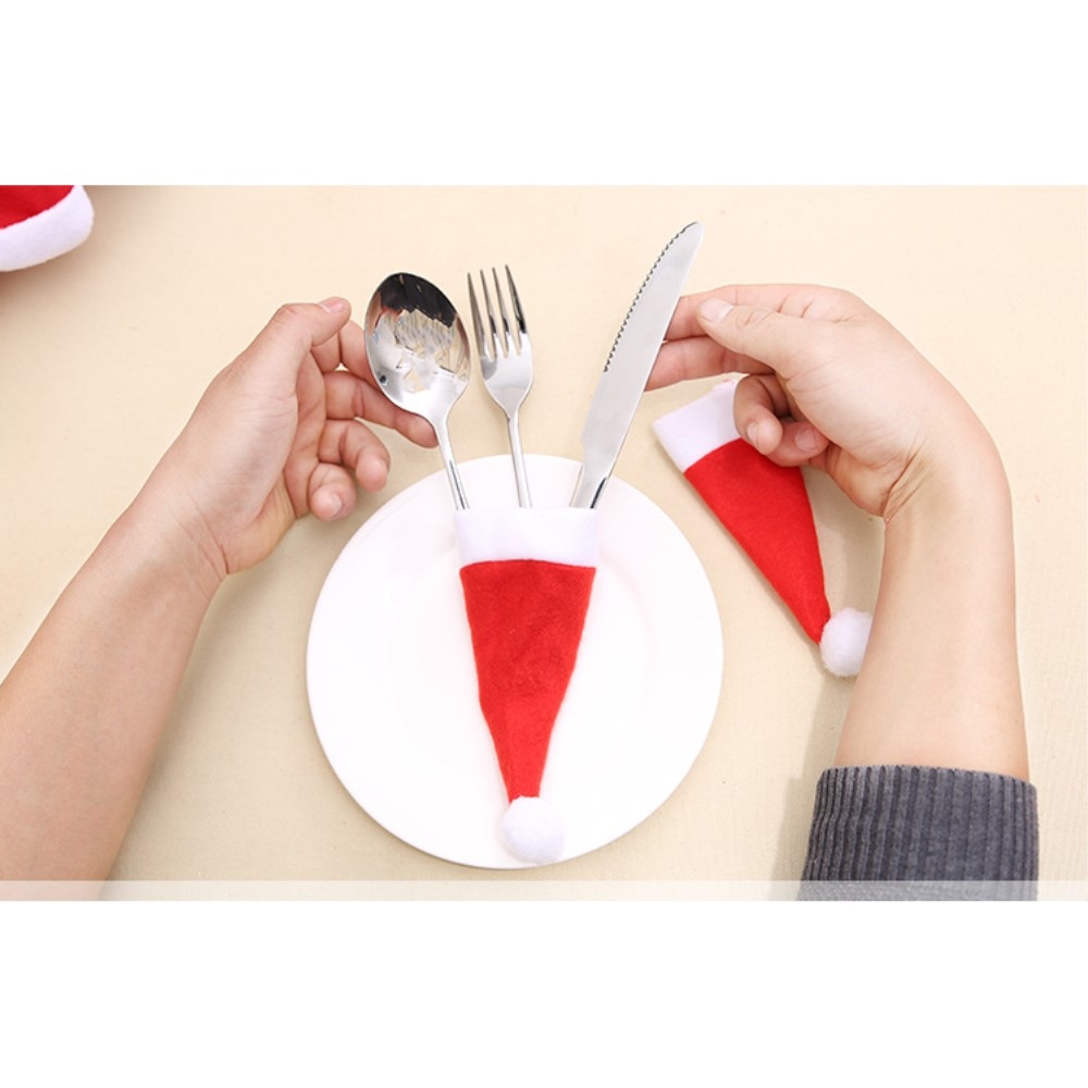 (10er Set) Filz Besteck Tasche Weihnachten Party Tisch Deko für Messer / Gabel / Löffel - Nikolausmütze