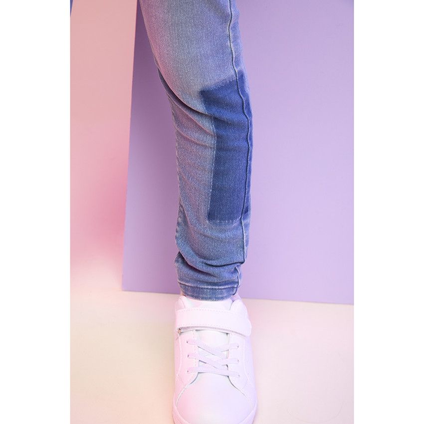 Jean slim en denim effet patchwork avec strass pour fille - Bleu