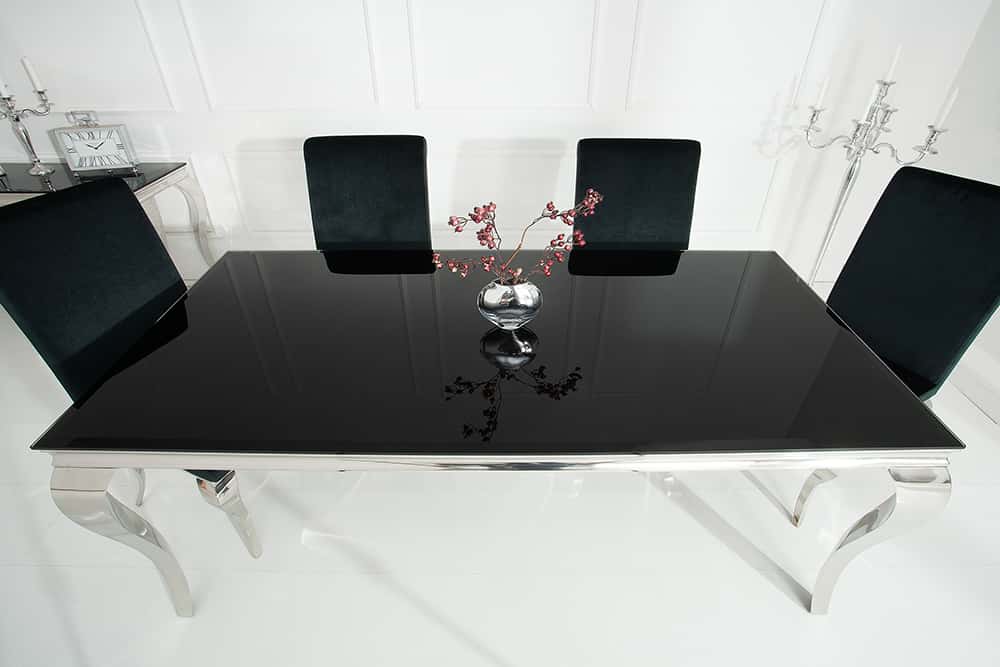 Eleganter Design Esstisch MODERN BAROCK 200cm schwarz Edelstahl Opalglas Tischplatte
