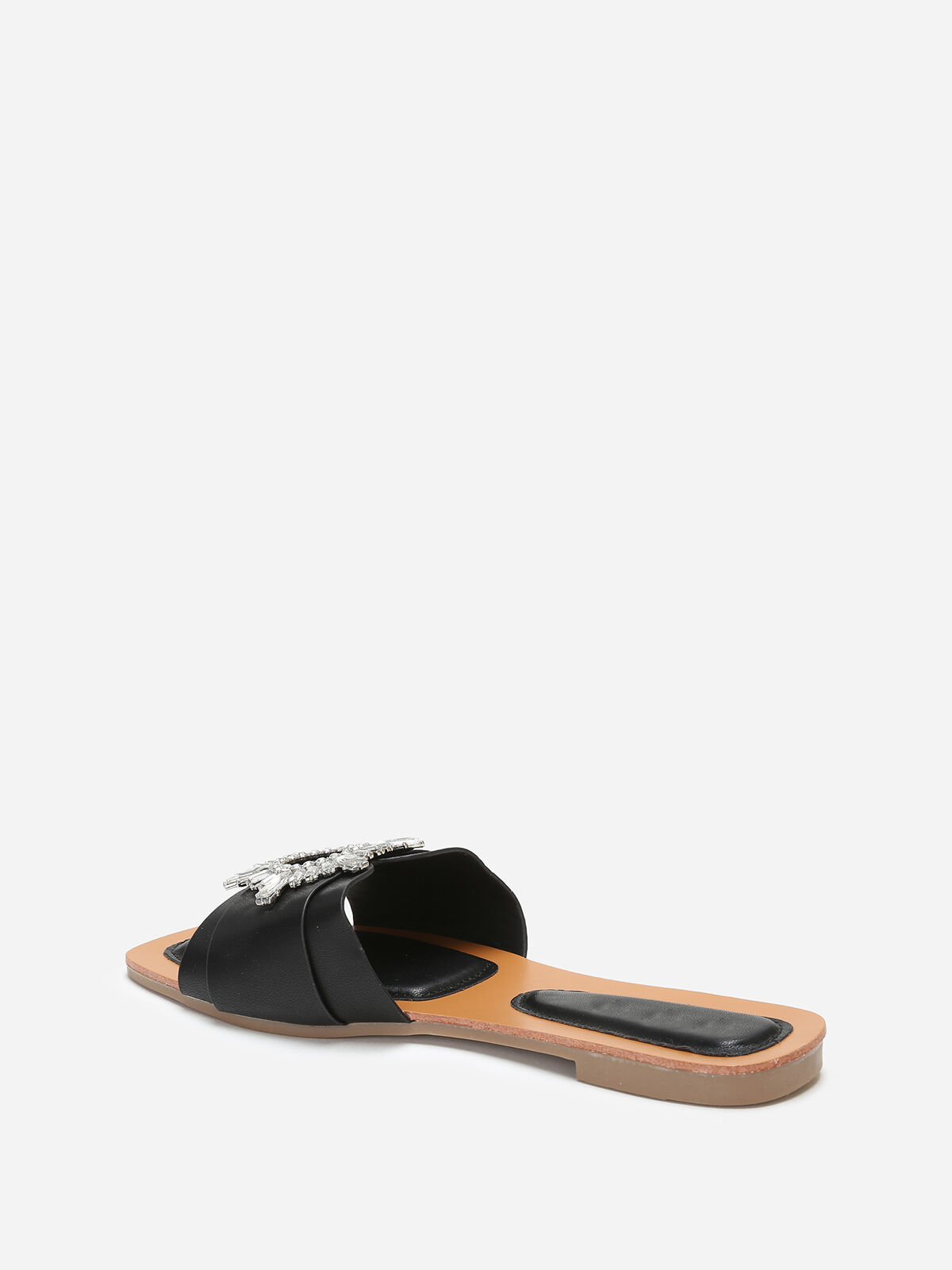 Mules carrées à bride avec bijou en strass- Noir