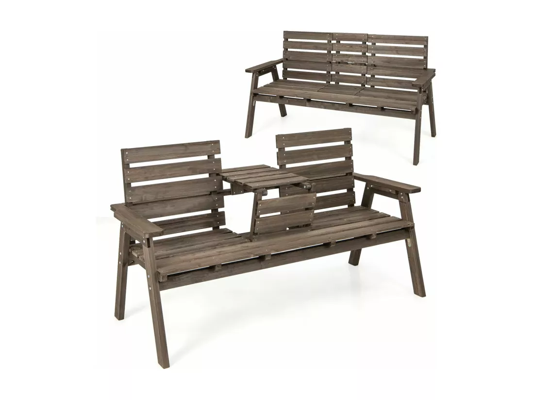 Banc de Jardin en Bois Massif, Banc d'Extérieur à 2 Places avec Table Centrale Pliable, Siège à Lattes pour Parc, Porche, Cour, Charge 320 KG, 160 x 64 x 86 CM (L x l x H), Brun